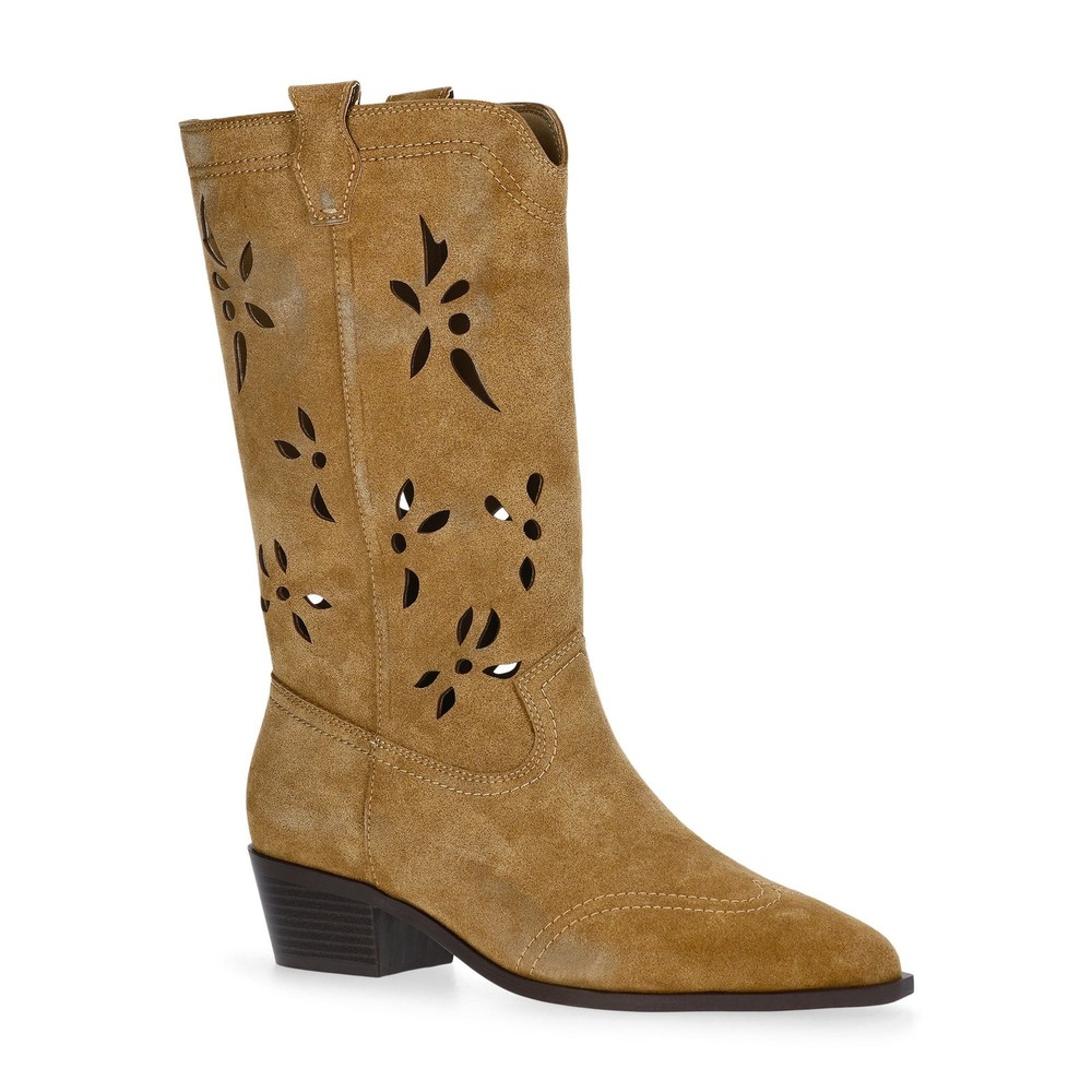 No Boundaries Western Boots Chop Out Design Faux Suede Tan Brown Womens Size 8